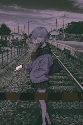  1girl :d absurdres bag black_serafuku bush cardigan cloud cloudy_sky collarbone feet_out_of_frame film_grain fingernails from_side grass grey_eyes grey_hair hand_in_pocket hand_up head_tilt highres holding holding_phone house long_sleeves looking_at_viewer medium_hair miniskirt muted_color night off_shoulder open_mouth original outdoors oversized_clothes phone photo_background power_lines railing railroad_crossing railroad_tracks red_ribbon ribbon rock sailor_collar scenery school_uniform serafuku shoulder_bag si_(wooupp) skirt sky smile solo standing teeth tree upper_teeth_only utility_pole vanishing_point wind 