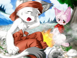 1boy 1girl animal_ears animal_hands barefoot claws fangs feet fire forest furry grass headband nature open_mouth outdoors pawpads red_eyes river rock soles steam sweat sweatdrop tail tail_tale tail_tales toes tree water yaminabe_aries