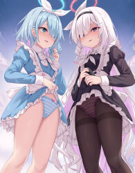 2girls adjusting_hair alternate_costume apron arona_(blue_archive) black_dress black_hairband black_pantyhose blue_archive blue_dress blue_eyes blue_hair blue_halo blush bow bow_hairband bow_panties bowtie braid breasts clothes_lift collared_dress colored_inner_hair commentary_request cowboy_shot crotch_seam dress dress_lift eyes_visible_through_hair frilled_apron frilled_dress frills grey_eyes hair_over_one_eye hair_ribbon hairband halo hand_up highres lifting_own_clothes light_blue_hair long_hair long_sleeves looking_at_viewer maid maid_apron milkshakework multicolored_hair multiple_girls neckerchief panties panties_under_pantyhose pantyhose parted_lips pink_bow pink_hair pink_halo pink_panties pink_pupils plana_(blue_archive) ribbon short_dress short_hair side_braid single_braid small_breasts striped_clothes striped_panties tears thighband_pantyhose two-tone_hair underwear very_long_hair wavy_mouth white_apron white_bow white_bowtie white_hair white_hairband white_neckerchief white_panties white_ribbon rating:Questionable score:119 user:danbooru
