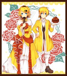 &gt;:) 1boy 1girl aku_no_meshitsukai_(vocaloid) aku_no_musume_(vocaloid) allen_avadonia blazer blonde_hair blue_eyes blush bow brother_and_sister choker covering_own_mouth dress earrings evil_smile evillious_nendaiki flower food frilled_dress frilled_sleeves frills full_body hair_bow hair_ornament hair_ribbon hairclip hand_fan highres jacket jewelry kagamine_len kagamine_rin looking_at_another looking_to_the_side mirror pastry ribbon riliane_lucifen_d&#039;autriche rose shorts siblings smile smirk thorns tray twins updo v-shaped_eyebrows vocaloid yayoi_(mizuhime_yayoi) yellow_dress yellow_jacket rating:Sensitive score:1 user:danbooru