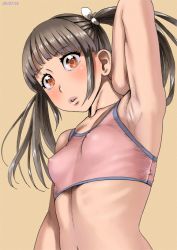 1girl arm_up armpits blush breasts brown_hair chitose_(zenkou) covered_erect_nipples dated flat_chest looking_at_viewer navel orange_eyes original parted_lips ribs shiny_skin small_breasts solo sports_bra twintails upper_body yellow_background zenkou rating:Sensitive score:44 user:danbooru