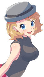  1girl absurdres black_hat black_shirt blonde_hair blue_eyes blush breasts creatures_(company) earrings game_freak hat highres jewelry looking_at_viewer maho_(corotonton5150) nintendo open_mouth pokemon pokemon_(anime) pokemon_xy_(anime) red_skirt serena_(pokemon) shirt short_hair skirt sleeveless sleeveless_shirt smile solo upper_body 