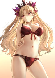 1girl :&lt; arms_behind_back blonde_hair bra breasts cleavage contrapposto cowboy_shot crown earrings ereshkigal_(fate) fate/grand_order fate_(series) frown gluteal_fold gradient_background hair_ornament highres jewelry large_breasts long_hair looking_away mashuu_(neko_no_oyashiro) navel panties parted_bangs red_bra red_eyes red_panties simple_background solo standing tohsaka_rin two_side_up underwear underwear_only rating:Sensitive score:63 user:danbooru