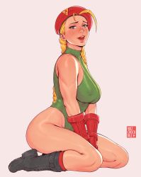 1girl ahoge bare_legs beret black_legwear blonde_hair blush boots braid breasts cammy_white capcom covered_erect_nipples curvy full_body green_leotard hat highleg highleg_leotard highres leotard lips long_hair looking_at_viewer open_mouth red_hat shiny_skin simple_background sitting smile solo street_fighter street_fighter_ii_(series) thighs thong_leotard twin_braids very_long_hair volt_crocodile wariza wide_hips rating:Questionable score:97 user:danbooru