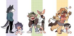  3boys 3girls ahoge animal_collar animal_ears animal_feet animal_hands bandaid bandaid_on_head barefoot black_hair black_shirt black_sweater blank_eyes blue_shirt blush body_fur brown_eyes brown_fur brown_hair brown_jacket brown_pants bug butterfly cat_boy cat_ears cat_tail chain chain_leash chasing chest_harness claws closed_mouth coat collar collared_coat colored_sclera commentary_request deformed denim dog_ears dog_girl dog_tail dress fangs floppy_ears full_body fur-trimmed_jacket fur_trim furry furry_female furry_male green_eyes green_hair grey_background grey_eyes grey_fur grey_skirt grid_background hand_in_pocket hands_in_pockets hands_up harness heart heart_ahoge highres holding holding_leash insect jacket jeans leash long_hair long_sleeves looking_at_another looking_at_viewer looking_back lying multicolored_hair multiple_boys multiple_girls on_stomach open_mouth original pants plaid plaid_skirt purple_background purple_hair rata_(norahasu) red_collar running school_uniform shirt shoes short_hair short_sleeves sitting skirt slit_pupils sneakers sphinx spiked_collar spikes standing streaked_hair sweater tail torn_clothes torn_jeans torn_pants turtleneck turtleneck_sweater very_short_hair werewolf white_background white_coat white_dress white_footwear wolf_boy wolf_ears wolf_tail yellow_background yellow_eyes yellow_sclera 