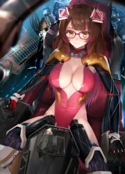  1girl absurdres breasts brown_eyes brown_hair cleavage closed_mouth glasses gradient_hair highres hololive large_breasts long_hair looking_at_viewer multicolored_hair nelly_(altsarespicy) red-framed_eyewear red_hair roboco-san smile solo virtual_youtuber 