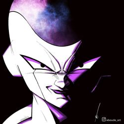  1boy aboude_art alien arabic_commentary artist_name black_eyes closed_mouth commentary commentary_request dragon_ball dragonball_z english_commentary evil_smile frieza instagram_logo instagram_username limited_palette looking_at_viewer male_focus mixed-language_commentary purple_lips signature smile solo spot_color 