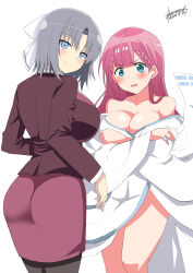 2girls absurdres aoi_manabu aqua_eyes ass bare_shoulders blue_eyes blush bokutachi_wa_benkyou_ga_dekinai bow braid breasts changing_clothes cleavage clothes_down collarbone commentary_request commission cosplay covering_breasts covering_privates crossover dress formal grey_hair hair_bow highres huge_breasts jacket japanese_clothes kimono kirisu_mafuyu kirisu_mafuyu_(cosplay) large_breasts long_hair looking_at_viewer looking_back medium_hair multiple_girls off_shoulder open_mouth pantyhose pencil_skirt pink_hair pixiv_commission senran_kagura skirt suit thighs yumi_(senran_kagura) yumi_(senran_kagura)_(cosplay)  rating:Sensitive score:18 user:yuri2896