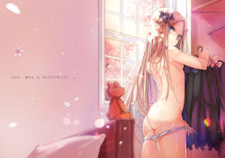  1girl abigail_williams_(fate) ass back backlighting bare_shoulders bed black_bow black_dress blonde_hair blue_eyes blush bow breasts closed_mouth clothes_hanger dress fate/grand_order fate_(series) forehead hair_bow highres jin_young-in keyhole loli long_hair looking_at_viewer looking_back multiple_bows orange_bow panties panty_pull parted_bangs pillow polka_dot polka_dot_bow ribbed_dress small_breasts solo stuffed_animal stuffed_toy teddy_bear thighs topless underwear undressing white_panties window  rating:Questionable score:36 user:danbooru