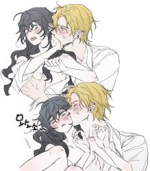 1boy 1girl 2koma aggo_dol artist_request black_hair blonde_hair blush breast_hold breasts comic degrees_of_lewdity ear_piercing kiss long_hair medium_breasts piercing player_character_(degrees_of_lewdity) shirt white_background white_shirt whitney_(degrees_of_lewdity)