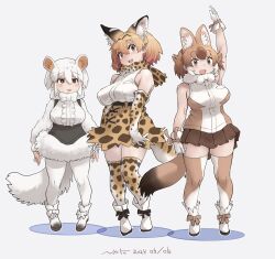  3girls animal_ears bare_shoulders black_hair blonde_hair blush bow bowtie breasts brown_hair dhole_(kemono_friends) dog_ears dog_girl dog_tail elbow_gloves extra_ears frills gloves hair_between_eyes hand_up kemono_friends kemono_friends_3 large_breasts long_sleeves looking_at_viewer multicolored_hair multiple_girls nyororiso_(muyaa) open_mouth pantyhose print_bow print_bowtie serval_(kemono_friends) serval_print shirt short_hair skirt sleeveless sleeveless_shirt smile southern_tamandua_(kemono_friends) tail tamandua_ears tamandua_tail thighhighs two-tone_hair white_hair 