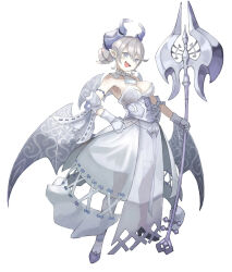  1girl bare_shoulders breasts demon_girl demon_horns demon_wings detached_collar dress drill_hair duel_monster fang full_body gloves grey_eyes grey_hair halberd holding holding_polearm holding_weapon horns ishii_(young-moon) large_breasts looking_at_viewer lovely_labrynth_of_the_silver_castle low_wings medium_hair multiple_wings pointy_ears polearm simple_background skin_fang smile solo strapless strapless_dress twin_drills weapon white_background white_dress white_gloves wings yu-gi-oh! 