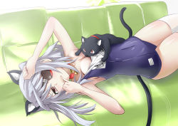 10s 1girl animal_ears bad_id bad_pixiv_id bell bestiality breast_sucking breastfeeding breasts cat cat_ears cat_tail cleavage eyepatch infinite_stratos jingle_bell kemonomimi_mode laura_bodewig licking licking_nipple long_hair lying nipple_stimulation one-piece_swimsuit red_eyes s040784 school_swimsuit silver_hair small_breasts solo swimsuit tail rating:Questionable score:44 user:danbooru