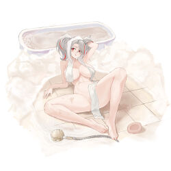  1girl :o absurdres arm_up azur_lane bare_arms bare_legs bare_shoulders barefoot bathroom bathtub blush breasts commentary completely_nude covered_pussy full_body grey_hair highres knee_up large_breasts looking_at_viewer multicolored_hair nude official_alternate_costume on_floor open_mouth prinz_adalbert_(azur_lane) prinz_adalbert_(bathroom_slip_up)_(azur_lane) red_eyes red_hair shower_head simple_background solo streaked_hair suo_bu_ye_feng thighs toes towel towel_on_head twintails wet white_background white_towel 