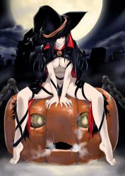 1girl barefoot breasts cleavage feet goth_fashion halloween hat jack-o&#039;-lantern large_breasts long_legs mitarashi_kousei naked_cape navel original pumpkin solo tiptoes toes witch witch_hat rating:Questionable score:32 user:danbooru