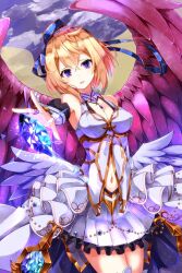  blonde_hair blue_hairband blue_ribbon breasts cleavage crystal dress eleanor_(shironeko_project) excella_(excella444) feathered_wings feathers frilled_dress frills hairband highres jewelry long_ribbon navel ribbon shironeko_project short_hair white_feathers wings 