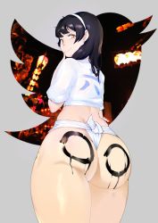 1girl ass black_hair body_writing butt_crack clothes_writing finger_to_mouth from_behind fundoshi girls&#039;_frontline hair_over_shoulder hairband highres huge_ass japanese_clothes long_hair looking_at_viewer looking_back mizu_happi moebell smile solo thighs thong twitter_logo type_95_(girls&#039;_frontline) white_hairband yellow_eyes rating:Questionable score:25 user:danbooru