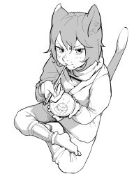  1girl absurdres animal_ears barefoot bowl cat_ears cat_girl cat_tail chopsticks closed_mouth dungeon_meshi eating food food_on_face from_above full_body greyscale hair_between_eyes hands_up highres holding holding_bowl holding_chopsticks izutsumi japanese_clothes long_sleeves looking_at_viewer lotus_position mismatched_animal_ear_colors monochrome nigiribashi pants rice_bowl scarf shin_guards short_hair sitting solo tail tail_raised yunkey 