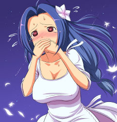 00s 1girl @_@ blue_hair blush breasts cleavage covering_own_mouth dress flower hair_ornament hand_over_mouth hand_over_own_mouth huge_breasts idolmaster idolmaster_(classic) idolmaster_1 long_hair miura_azusa red_eyes sick solo takayaki tears vomit rating:Sensitive score:25 user:danbooru