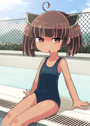  1girl :o alternate_costume alternate_skin_color arm_support blue_sky brown_eyes brown_hair chain-link_fence commentary_request day feet_out_of_frame fence flat_chest half-closed_eyes headgear highres ino_(tellu0120) looking_at_viewer medium_hair outdoors poolside school_swimsuit sitting sky soaking_feet solo sparkle swimsuit tan touhoku_kiritan twintails voiceroid wet 