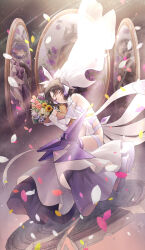  1girl absurdres black_hair bouquet breasts closed_eyes coppepan covered_navel detached_sleeves flower highres holding holding_bouquet kohinata_miku leotard long_sleeves medium_hair parted_lips petals pink_flower revealing_clothes senki_zesshou_symphogear small_breasts solo white_flower white_leotard white_sleeves white_veil yellow_flower 