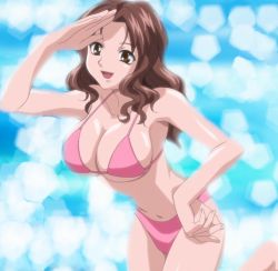  00s 1girl akahori_gedou_hour_rabuge bikini breasts brown_eyes brown_hair cleavage female_focus hokke_otone large_breasts long_hair navel open_mouth salute screencap smile solo stitched swimsuit third-party_edit wavy_hair  rating:Questionable score:22 user:TendouS
