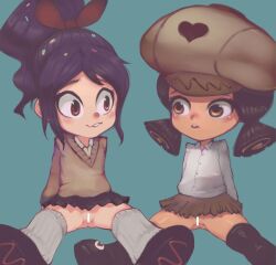 2girls arm_support bar_censor black_footwear black_hair black_skirt black_thighhighs blue_background blush boots brown_eyes brown_hat brown_skirt brown_sweater buck_teeth candy_hair_ornament censored conoghi crumbelina_di_caramello disney food-themed_hair_ornament grey_socks hair_ornament hair_ribbon hat heart kneehighs loli long_hair long_sleeves looking_at_another low_twintails multiple_girls no_panties open_mouth ponytail pussy red_ribbon ribbon school_uniform shirt sitting skirt socks sweater teeth thighhighs twintails upskirt vanellope_von_schweetz white_shirt wreck-it_ralph 