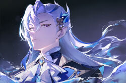  1boy absurdres ascot blue_hair closed_mouth genshin_impact hair_between_eyes hair_ornament highres long_hair looking_at_viewer multicolored_hair neuvillette_(genshin_impact) pointy_ears purple_eyes solo water white_ascot white_hair yuchenz34382399  rating:General score:1 user:RiroDouribu