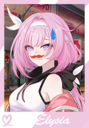  1girl absurdres alternate_costume armpit_crease bare_shoulders black_hood blue_eyes bow breasts character_name chinese_commentary commentary drawn_mustache elysia_(honkai_impact) from_side hair_between_eyes hair_bow hair_intakes highres honkai_(series) honkai_impact_3rd hood hoodie jacket jacket_partially_removed large_breasts long_hair looking_at_viewer m78_zaitaoaotezhanshi outdoors photo_(object) pink_hair pink_jacket pink_pupils pointy_ears sidelocks smile solo two-tone_hoodie upper_body white_bow white_hoodie 