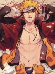  1boy blonde_hair boxers cape forehead_protector from_above hahihu1782 horizontal_pupils jacket jewelry looking_at_viewer lying male_focus male_underwear naruto_(series) naruto_shippuuden navel necklace on_back open_clothes open_fly open_jacket open_shirt pectorals red_eyes shirt solo underwear unzipped uzumaki_naruto uzumaki_naruto_(sennin_mode) yellow_eyes  rating:Sensitive score:18 user:dlrpll