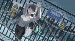  1girl arms_up bang_dream! bang_dream!_it&#039;s_mygo!!!!! black_pantyhose black_shorts bound bound_wrists brown_hair chain chained chinese_commentary cityscape closed_mouth commentary_request cuffs earrings feet_out_of_frame handcuffs highres jewelry long_hair looking_at_viewer necklace night open_clothes open_shirt outdoors pantyhose purple_eyes railing see-through see-through_shirt shiina_taki shirt shorts sign solo warning_sign white_shirt xukong 