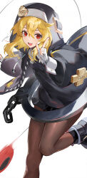  1boy alternate_color androgyne_symbol black_footwear black_jacket black_pantyhose blonde_hair bridget_(guilty_gear) cuffs fingerless_gloves gloves guilty_gear guilty_gear_strive handcuffs hands_up hood hooded_jacket hou_(ppo) jacket long_sleeves looking_at_viewer male_focus open_mouth pantyhose pointing pointing_up red_eyes simple_background solo thighs trap white_background white_gloves white_wrist_cuffs wrist_cuffs yo-yo 