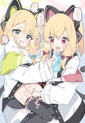  2girls animal_ear_headphones animal_ears black_socks blonde_hair blue_archive blue_bow blue_necktie bottomless bow breasts breasts_out cat_ears cat_tail coat fake_animal_ears fake_tail female_focus fingering green_eyes halo headphones heavy_breathing highres incest loli midori_(blue_archive) momoi_(blue_archive) multiple_girls necktie nipples no_panties open_clothes open_mouth open_shirt red_bow red_eyes shirt siblings sidelocks sisters small_breasts socks tail thighhighs twincest twins white_coat white_shirt yuri zeru_(wisel_army)  rating:Explicit score:119 user:kanna_kamui