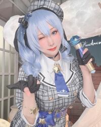  1girl blue_choker blue_eyes blue_hair blue_tie bow choker cosplay dress fingerless_gloves gloves hair_ornament haneame highres hololive hoshimachi_suisei looking_at_viewer microphone one_eye_closed photo_(medium) plaid plaid_dress plaid_headwear pointing portrait room star_(symbol) virtual_youtuber wink  rating:General score:11 user:taylordacratore