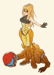  1girl artist_name blonde_hair blue_eyes breasts brown_gloves commentary english_commentary full_body gloves hair_between_eyes helmet highres large_breasts long_hair metroid nintendo outstretched_arms oxcoxa ponytail samus_aran simple_background solo standing unworn_armor unworn_headwear unworn_helmet varia_suit white_background zero_suit 