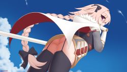  1boy ass astolfo_(fate) black_ribbon blue_sky braid cape cloud commentary_request day eyes_visible_through_hair fate/grand_order fate_(series) from_below garter_straps hair_ribbon kuroonehalf long_hair looking_at_viewer male_focus pink_hair purple_eyes ribbon sky smile solo thighhighs trap very_long_hair  rating:Sensitive score:45 user:danbooru