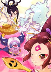 4girls aqua_hair bare_back bare_shoulders black_eyes black_hair blush breasts colored_sclera colored_skin cyclops en&#039;enra enraenra_(youkai_watch) fujimi_gozen fuumin_(youkai_watch) hair_horns hair_ornament hair_over_one_eye hand_on_own_face hands_on_own_face highres japanese_clothes kanzashi kimono long_hair looking_at_viewer looking_back medium_breasts mermaid monster_girl multiple_girls off_shoulder oiran one-eyed one_eye_closed open_mouth pink_eyes pointy_ears purple_skin shiragi_(user_gdez2277) small_breasts smile staff traditional_youkai white_hair yaobikuni_(youkai_watch) yellow_sclera youkai_(youkai_watch) youkai_watch