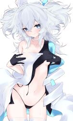  1girl absurdres black_gloves black_panties blue_eyes blush breasts choker clothes_lift commentary_request cowboy_shot dress dress_lift florence_(neural_cloud) girls&#039;_frontline girls&#039;_frontline_neural_cloud gloves hair_between_eyes half_gloves hands_on_own_breasts hands_on_own_chest hands_up hat head_tilt heart heart-shaped_pupils highleg highleg_panties highres hip_focus leaning_forward lifted_by_self long_hair looking_at_viewer messy_hair navel no_bra nurse_cap ohichi16 pa-15_(girls&#039;_frontline) panties single_bare_shoulder small_breasts smile solo symbol-shaped_pupils thigh_gap underboob underwear very_long_hair white_choker white_hair 
