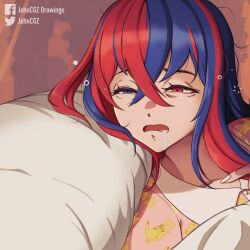  1girl alear_(female)_(fire_emblem) alear_(fire_emblem) blue_eyes blue_hair commentary crossed_bangs drooling english_commentary fire_emblem fire_emblem_engage gen_1_pokemon half-closed_eyes heterochromia highres johncgz limmy_waking_up_(meme) long_hair meme messy_hair mouth_drool multicolored_hair nintendo open_mouth pikachu pillow red_eyes red_hair saliva sleepy solo split-color_hair two-tone_hair very_long_hair waking_up 