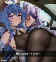  2girls absurdres ahoge ass bare_shoulders bell blue_hair blush breast_press breasts brown_pantyhose car_interior cleavage cone_hair_bun detached_sleeves double_bun dress dvdraw english_text fake_phone_screenshot fake_screenshot from_behind ganyu_(genshin_impact) genshin_impact hair_bun he_wants_to_order_(meme) highres horns keqing_(genshin_impact) looking_at_viewer medium_breasts meme multiple_girls neck_bell pantyhose pink_eyes purple_hair short_dress snapchat twintails wide_hips  rating:Questionable score:115 user:armorcrystal