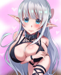  1girl arm_between_breasts between_breasts blue_eyes blush bondage_outfit breasts cleavage closed_mouth collar covered_erect_nipples covering_privates elf eyebrows_hidden_by_hair feet_out_of_frame hair_between_breasts heart highres huge_breasts large_breasts leaning_forward lipstick long_hair looking_at_viewer makeup maou_no_ore_ga_dorei_elf_wo_yome_ni_shitanda_ga_dou_medereba_ii? metal_collar nephelia pointy_ears revealing_clothes roku_(roku28) skindentation solo very_long_hair wavy_mouth white_hair 