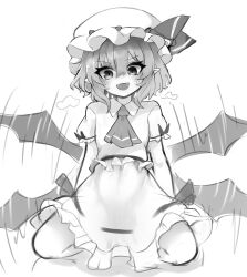  1girl :d absurdres afterimage ascot bat_wings commentary dress fangs flapping full_body greyscale hat hat_ribbon highres kneeling mob_cap monochrome motion_lines open_mouth remilia_scarlet ribbon short_hair simple_background smile solo spread_legs thighs touho_0505 touhou white_background wings 