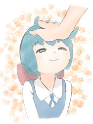  10s 1girl blue_hair blue_ribbon bow constanze_amalie_von_braunschbank-albrechtsberger floral_background green_eyes hair_bow highres little_witch_academia neck_ribbon one_eye_closed headpat red_bow ribbon smile thick_eyebrows upper_body vin08 wing_collar  rating:Sensitive score:28 user:danbooru