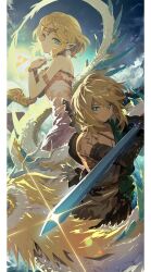  1boy 1girl absurdres armlet blonde_hair blue_eyes bracelet closed_mouth cloud dress earrings glint green_eyes headpiece highres holding holding_sword holding_weapon jewelry jihecchi light_dragon_(zelda) looking_at_viewer medium_hair nintendo pointy_ears sidelocks sky strapless strapless_dress sword the_legend_of_zelda the_legend_of_zelda:_tears_of_the_kingdom triforce weapon white_dress 