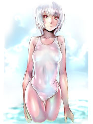  1girl arms_at_sides ayanami_rei bad_id bad_pixiv_id breasts collarbone cowboy_shot day dodai_shouji gradient_background neon_genesis_evangelion one-piece_swimsuit red_eyes short_hair small_breasts solo standing swimsuit wading water white_hair white_one-piece_swimsuit  rating:Sensitive score:27 user:danbooru