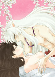  1boy 1girl animal_ears bad_id bad_pixiv_id black_hair breasts brown_eyes claws couple dog_ears eye_contact fingernails flower gem hattori_min hetero higurashi_kagome inuyasha inuyasha_(character) japanese_clothes jewelry jitome long_fingernails long_hair looking_at_another lying miko necklace nipples nude pearl_(gemstone) small_breasts topless undressing white_hair yellow_eyes  rating:Questionable score:31 user:danbooru