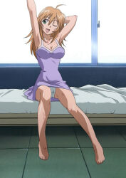  1girl absurdres arm_behind_head armpits breasts cameltoe camisole cleavage feet green_eyes highres ikkitousen injury large_breasts legs long_hair no_bra one_eye_closed open_mouth orange_hair panties pantyshot smile solo sonsaku_hakufu stitched thighs third-party_edit underwear 
