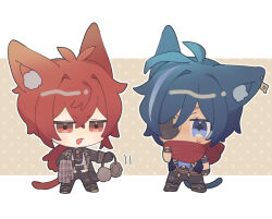  2boys :3 :d animal_ear_fluff animal_ears antenna_hair belt black_belt black_coat black_footwear black_necktie black_pants black_shirt blue_eyes blue_hair blush boots brown_background brown_scarf cat_boy cat_ears cat_tail chibi coat collared_coat collared_shirt commentary_request crossed_bangs dark-skinned_male dark_skin diluc_(genshin_impact) earmuffs earmuffs_removed earrings eyepatch fingerless_gloves fold-over_boots fur-trimmed_coat fur_trim genshin_impact gloves hair_between_eyes hair_intakes hand_up holding holding_clothes holding_scarf jewelry kaeya_(genshin_impact) koma_(km_mmmk) lapels long_hair long_sleeves looking_at_another male_focus multicolored_hair multiple_boys necktie one_eye_covered open_clothes open_coat open_mouth outline pants parted_bangs polka_dot polka_dot_background red_eyes red_hair red_scarf scarf shirt short_necktie short_sleeves sidelocks simple_background single_earring sleeve_cuffs smile star-shaped_pupils star_(symbol) streaked_hair sweatdrop swept_bangs symbol-shaped_pupils tail unworn_scarf v-shaped_eyebrows white_background white_outline wing_collar 