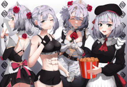  4girls abs absurdres alternate_costume alternate_hairstyle armor braid breasts chicken_nuggets cleavage dress flower food fried_chicken genshin_impact green_eyes grey_hair gym_uniform hair_flower hair_ornament highres holding holding_flower holding_food kfc maid maid_headdress medium_breasts multiple_girls muscular muscular_female noelle_(genshin_impact) noelle_(kfc)_(genshin_impact) open_mouth red_flower red_rose rose short_hair sic_lazy_jung smile sportswear 