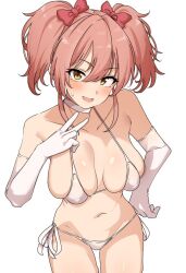  1girl bare_shoulders bikini blush bow breasts choker collarbone commentary_request deep_skin elbow_gloves gloves hair_between_eyes hair_bow idolmaster idolmaster_cinderella_girls jougasaki_mika large_breasts long_hair looking_at_viewer micro_bikini navel open_mouth pink_hair red_bow seihekiog side-tie_bikini_bottom simple_background smile solo stomach sweatdrop swimsuit thighs twintails v white_background white_bikini white_choker white_gloves yellow_eyes 